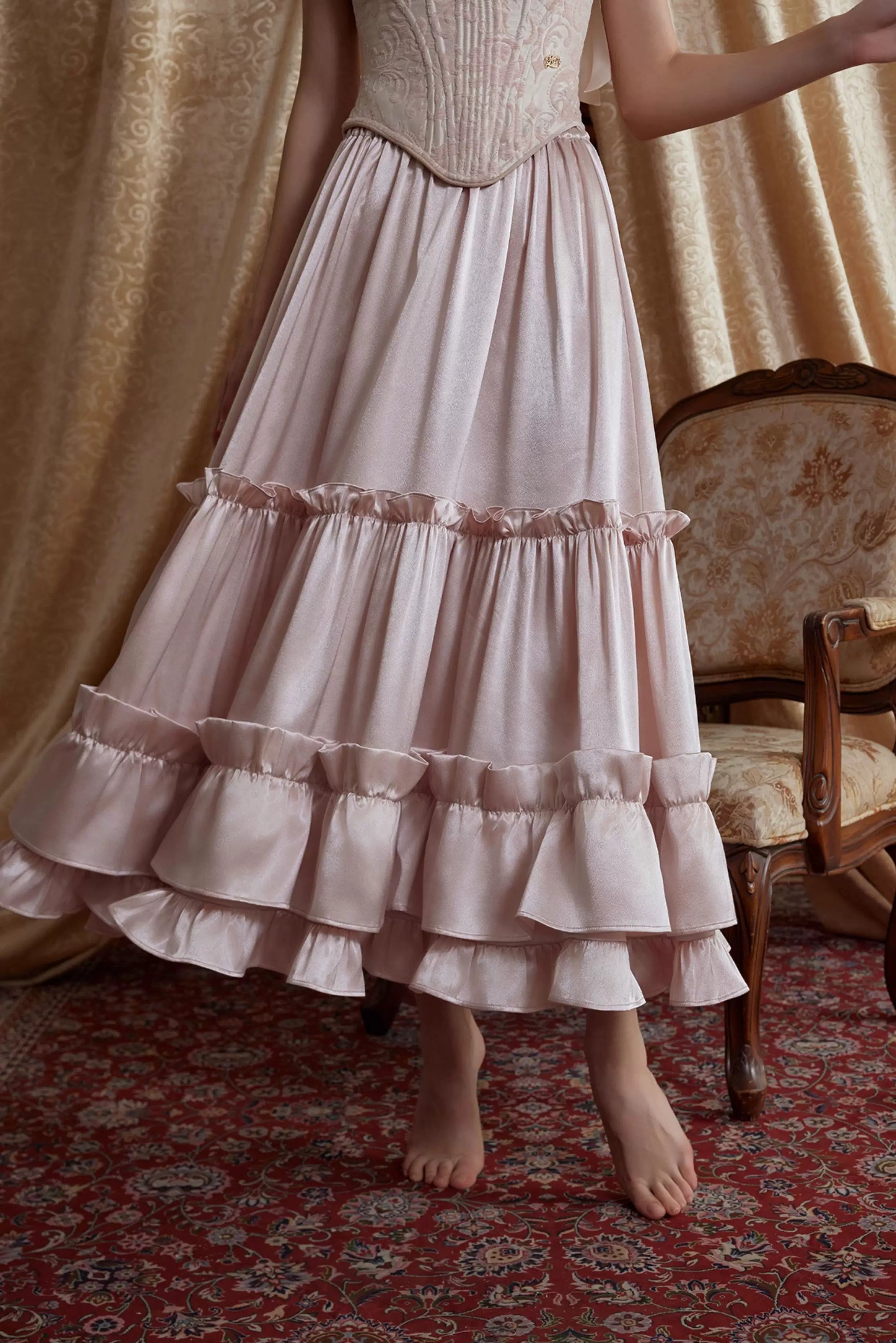 Jacquard Corset Top & Satin Ruffle Skirt Set