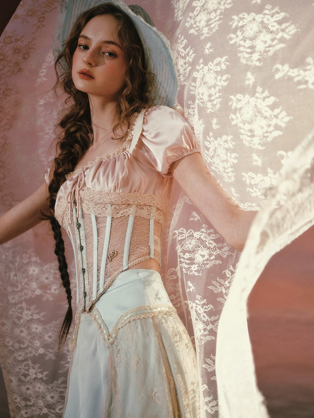 Blush Court Satin Corset Top & Midi Skirt Set