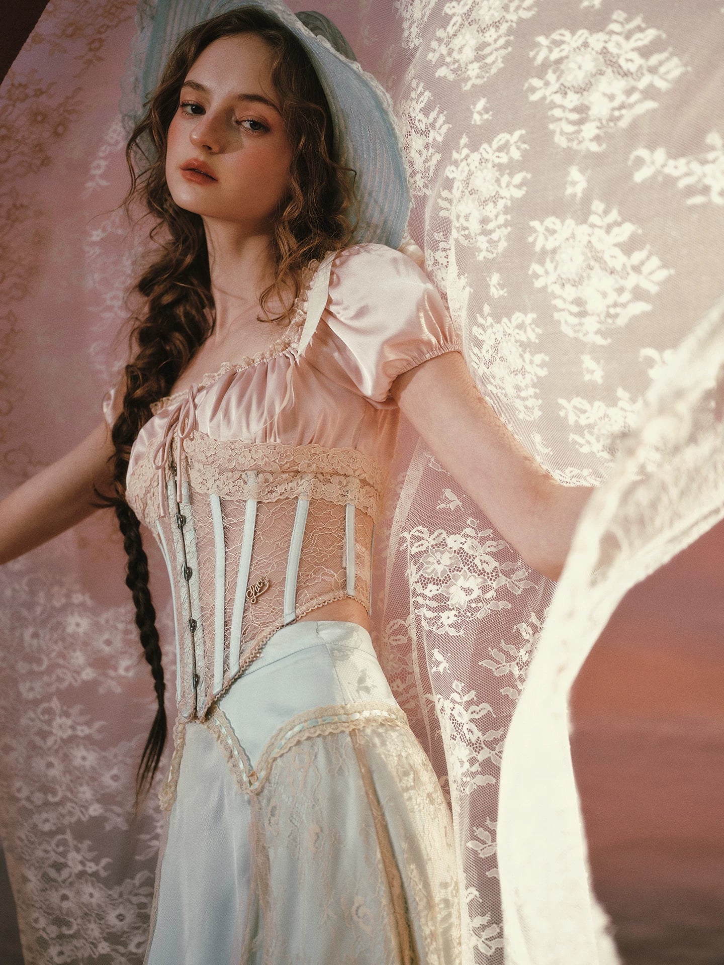 Blush Court Satin Corset Top & Midi Skirt Set