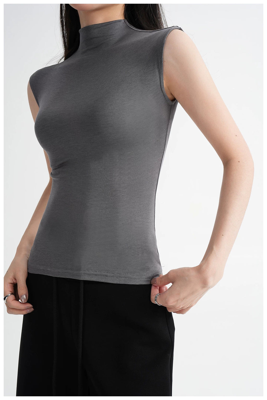 Silk Lyocell High-Neck Sleeveless Fitted T-Shirt