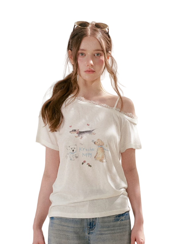 Tencel Lace Puppy Print T-Shirt