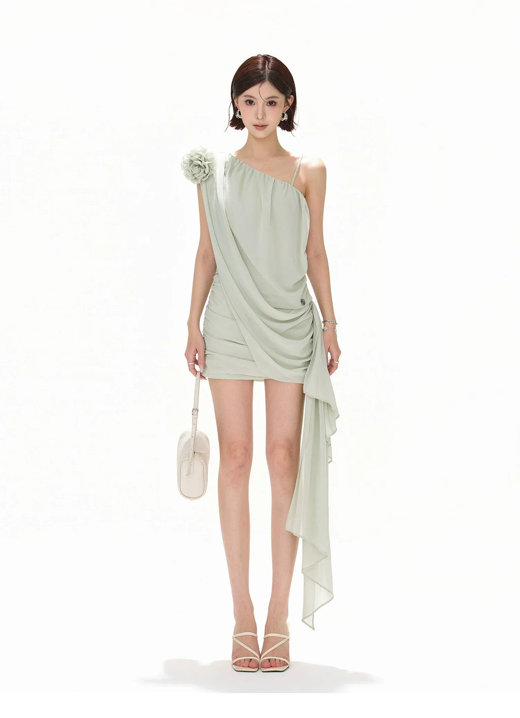 Asymmetric One-Shoulder Floral Chiffon Mini Dress with Draped Ties
