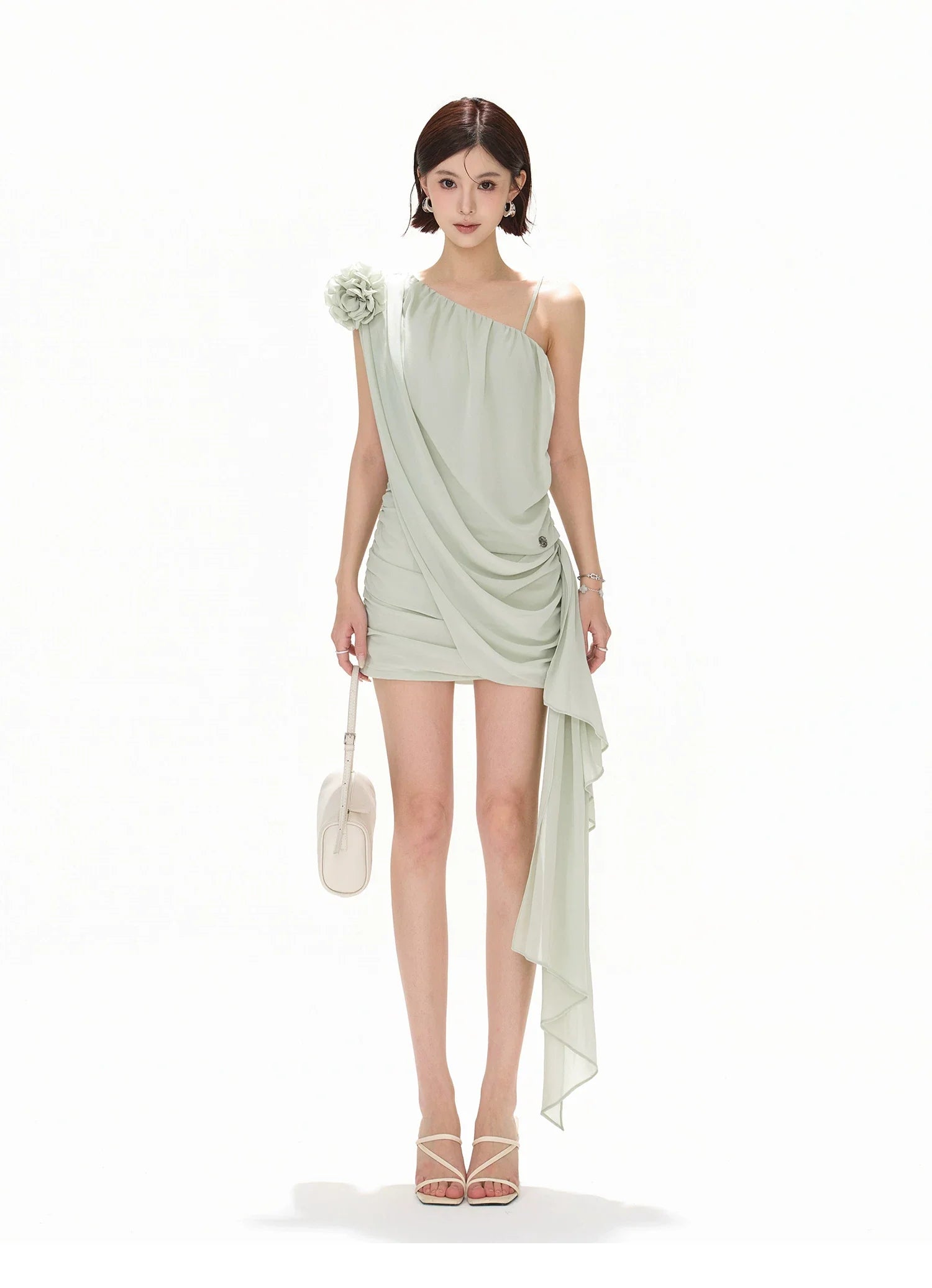 Asymmetric One-Shoulder Floral Chiffon Mini Dress with Draped Ties