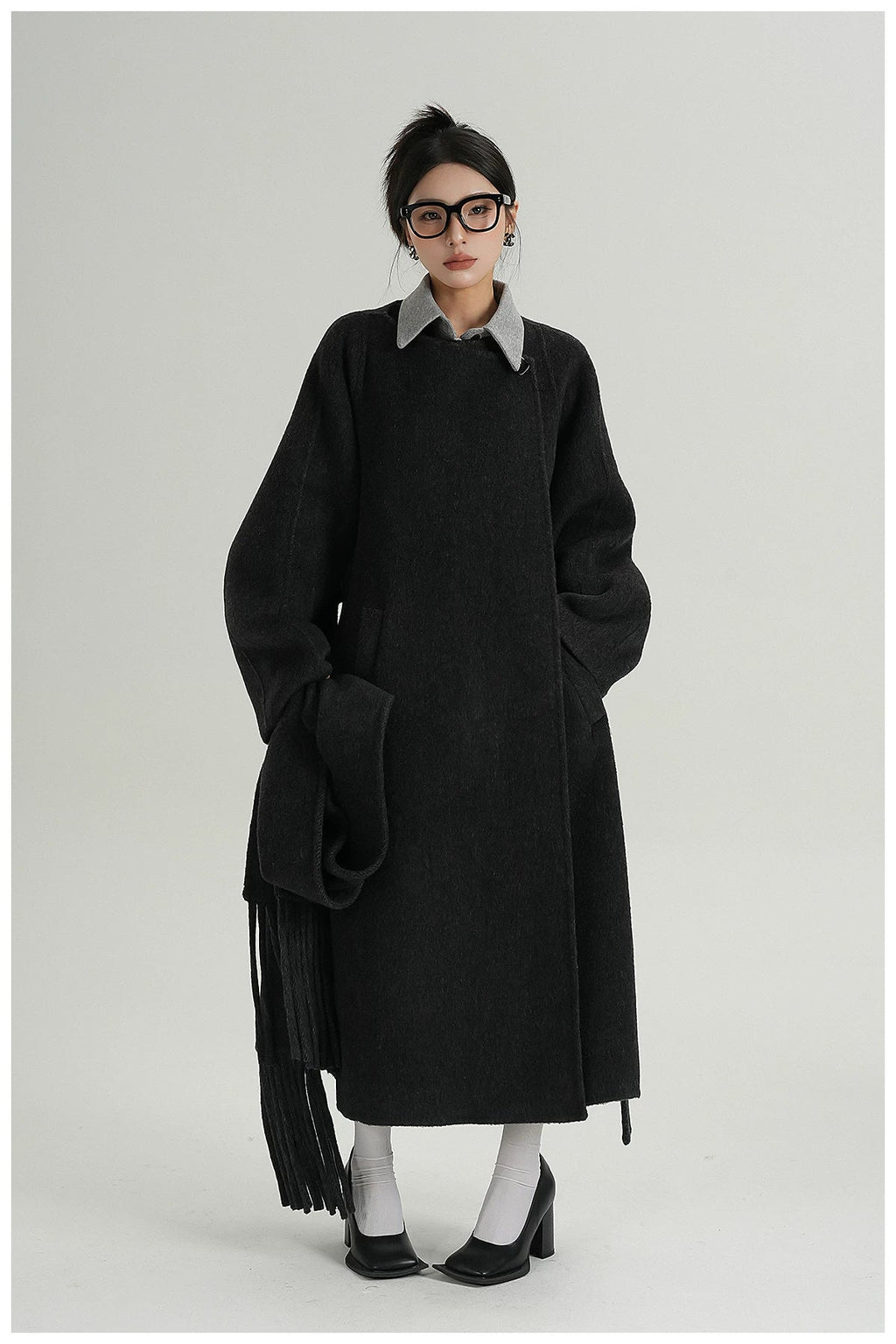 Fringe-Detail Wool Scarf-Style Long Coat
