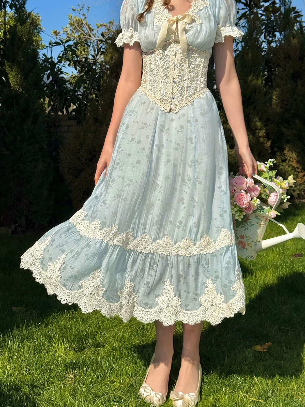 Fresh Baby Blue Lace Short-Sleeve Dress