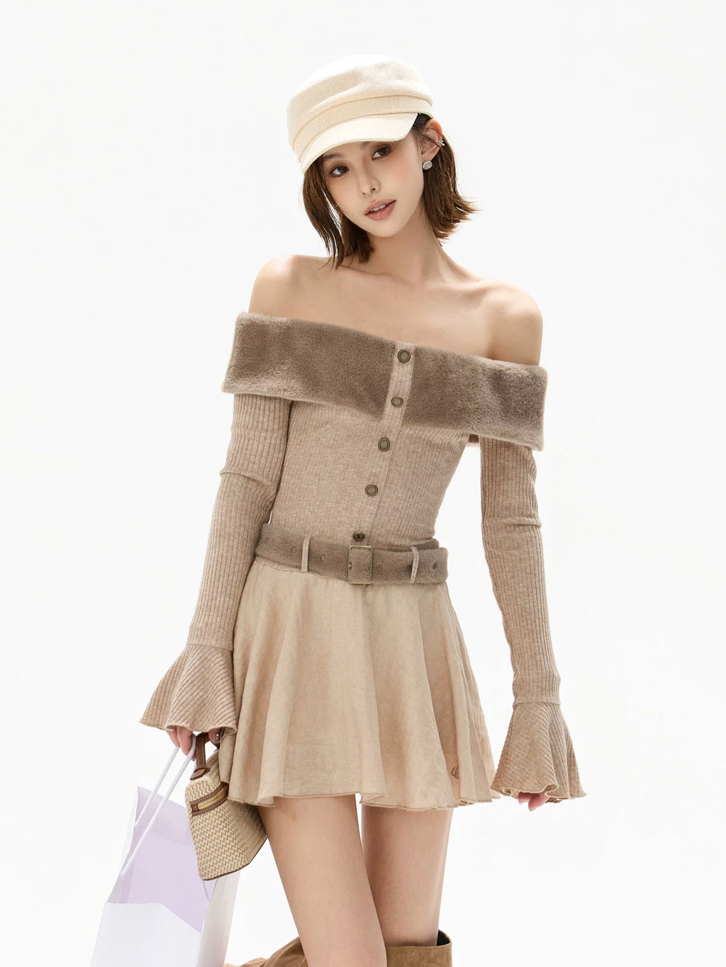 Mink Knit Off-Shoulder Dress