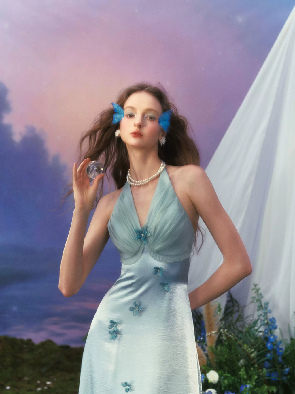 French Resort Halter Blue Floral Satin Dress