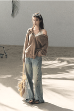 Washed Straight-Leg Wide Denim Pants