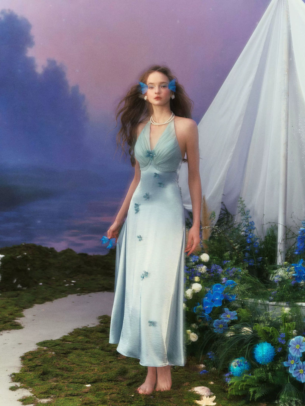 French Resort Halter Blue Floral Satin Dress