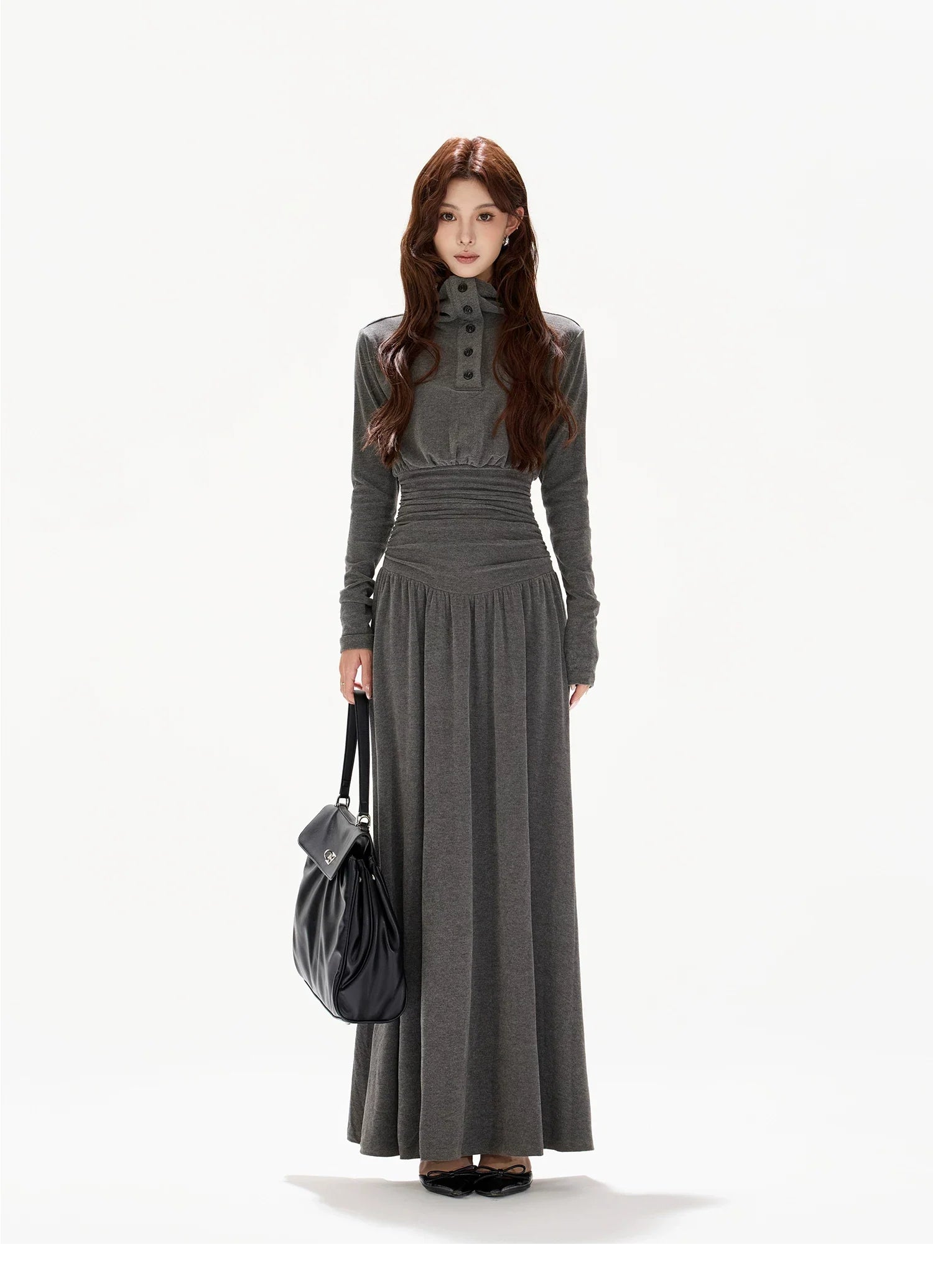 Pleated Waist-Defining A-Line Maxi Dress