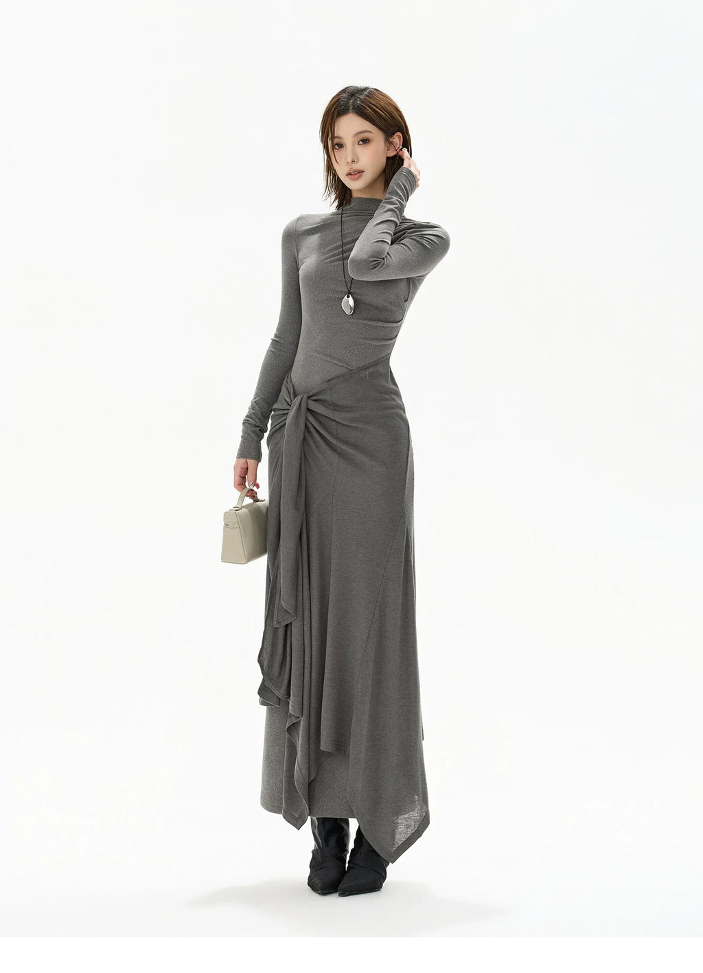 Half-High Neck Tie-Detail Knit Maxi Dress