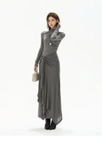 Half-High Neck Tie-Detail Knit Maxi Dress