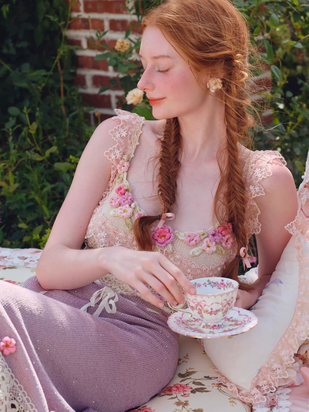 Vintage Crochet-Detail Purple Knit Slip Dress
