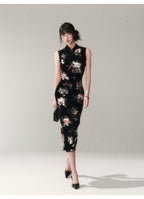 Gilded Velvet Floral Cheongsam Dress