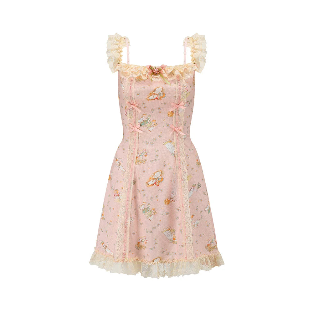 Vintage Pastoral Printed Lace Slip Dress