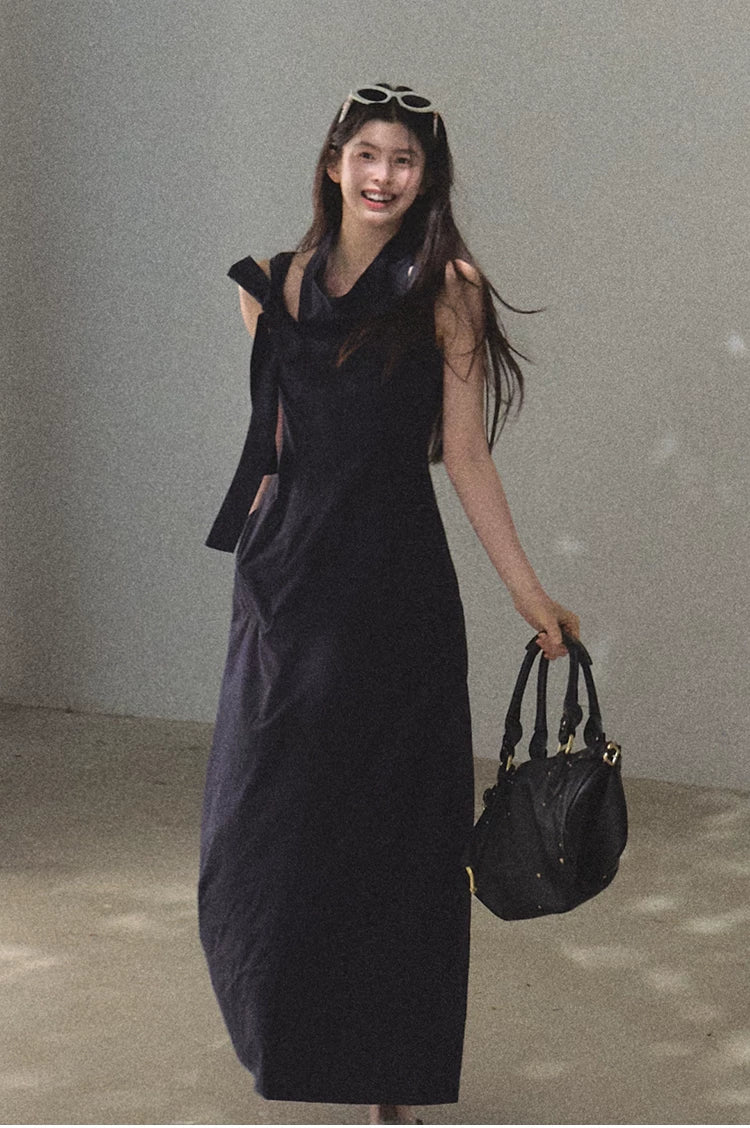Halterneck Cotton Cinched-Waist Maxi Dress
