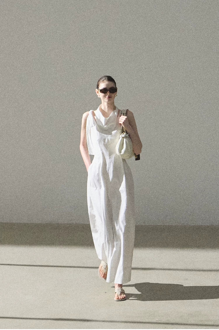 Halterneck Cotton Cinched-Waist Maxi Dress