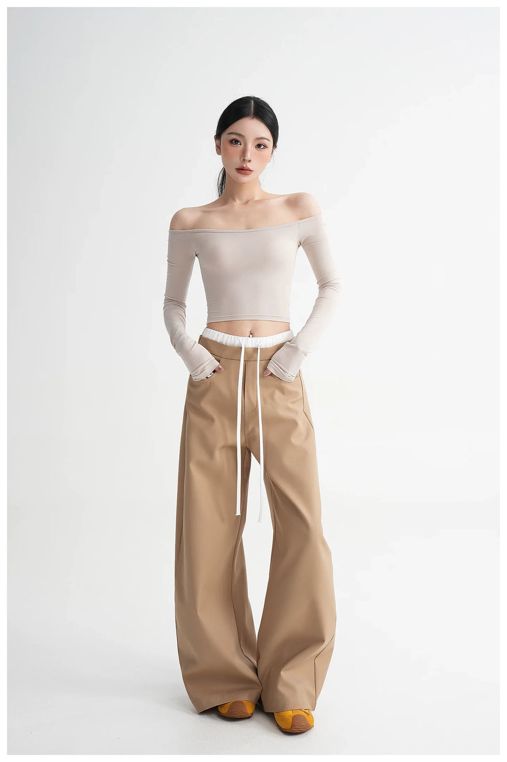Off-Shoulder Cropped Fitted Long Sleeve T-Shirt