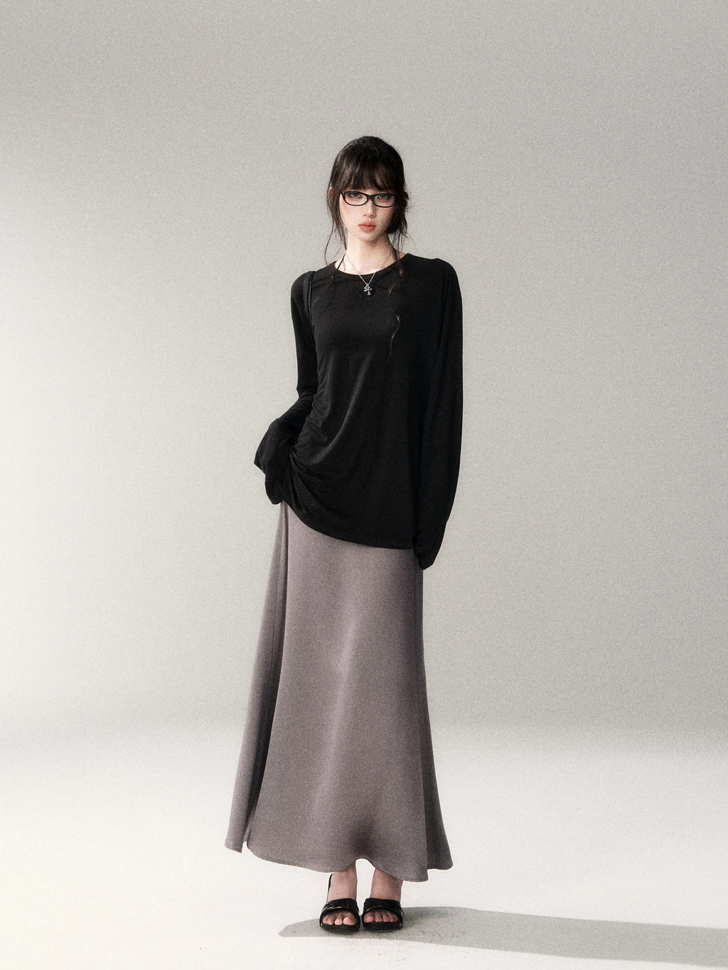 French Satin Acetate A-Line Midi Skirt