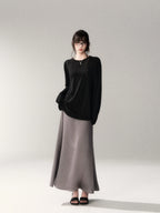 French Satin Acetate A-Line Midi Skirt