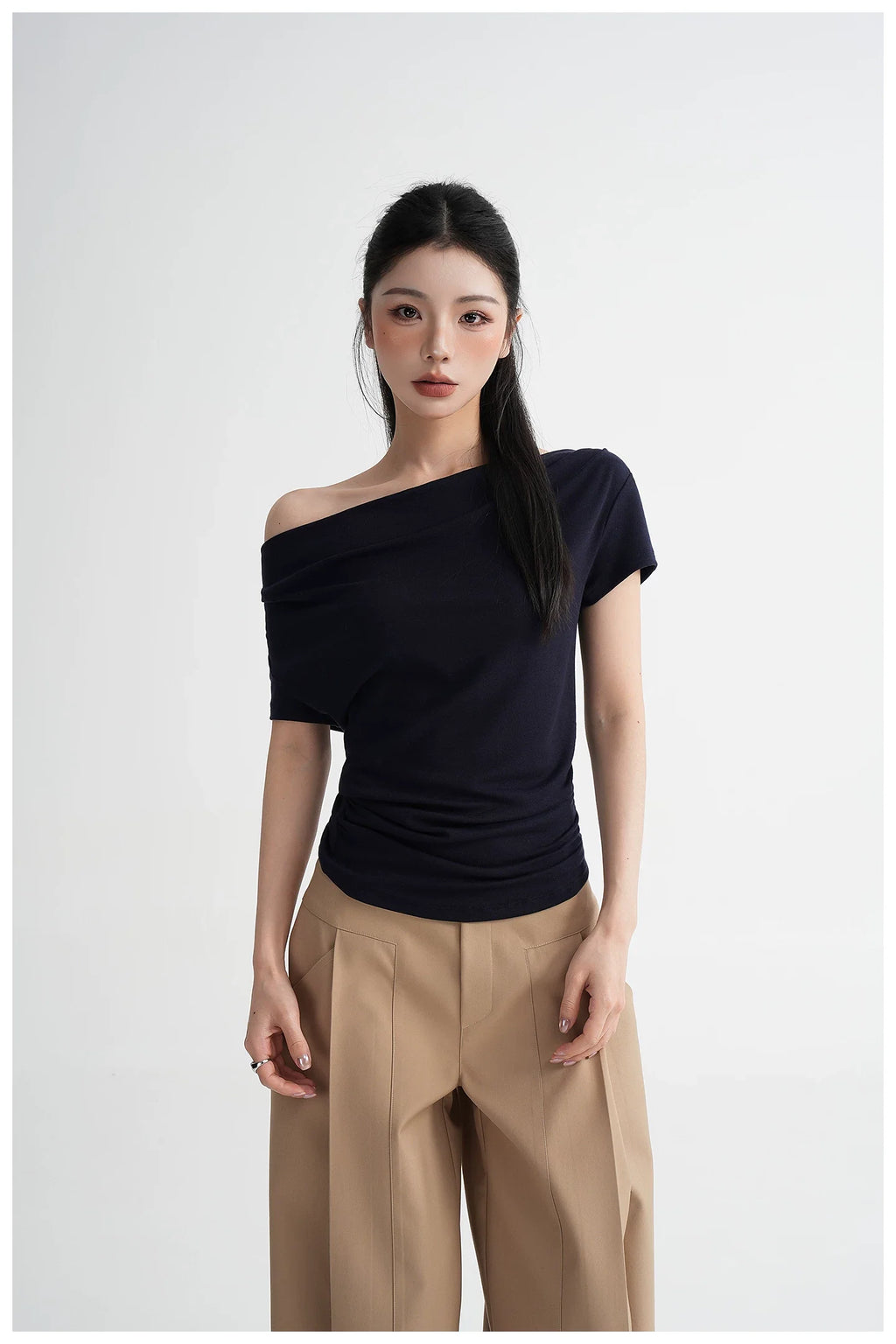 Draped Off-Shoulder Fitted Short Sleeve T-Shirt