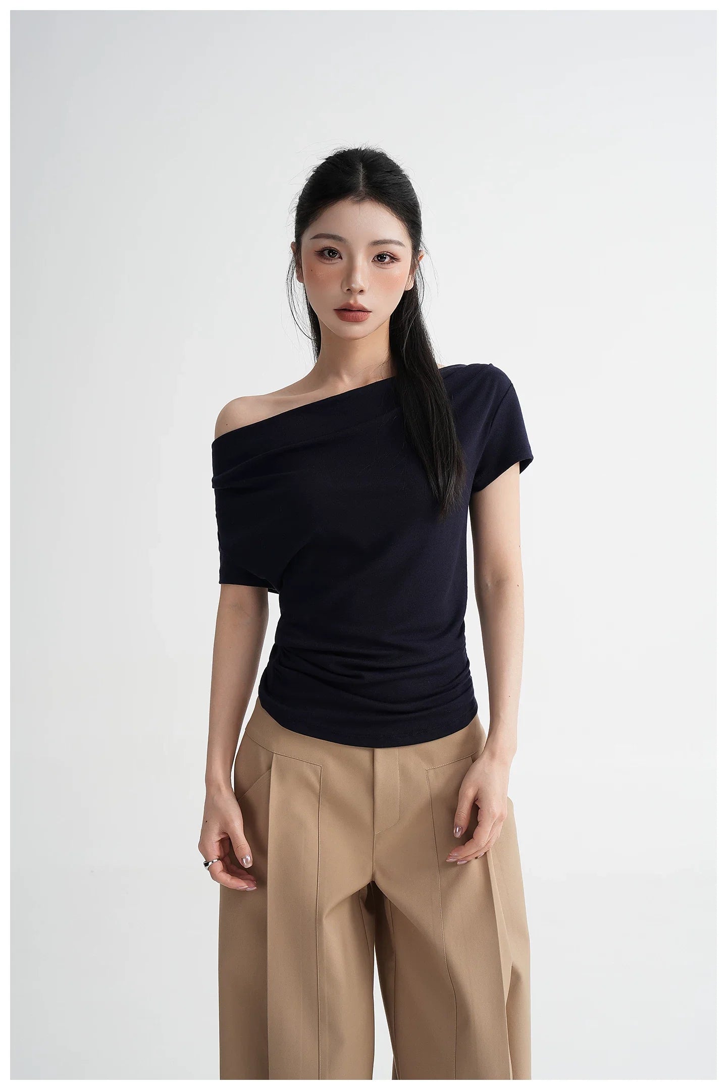 Draped Off-Shoulder Fitted Short Sleeve T-Shirt