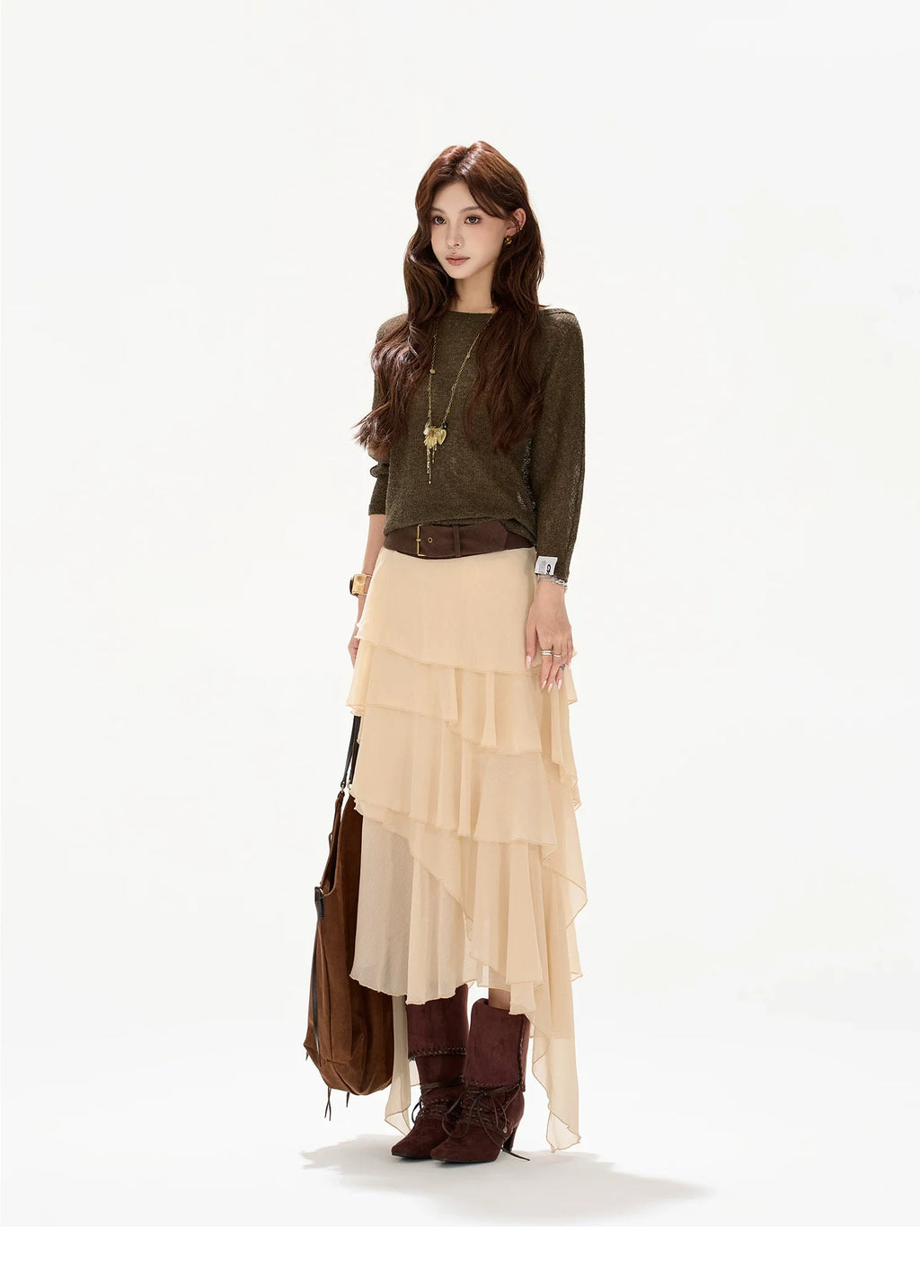 Faux-Belt Tiered Chiffon Maxi Skirt