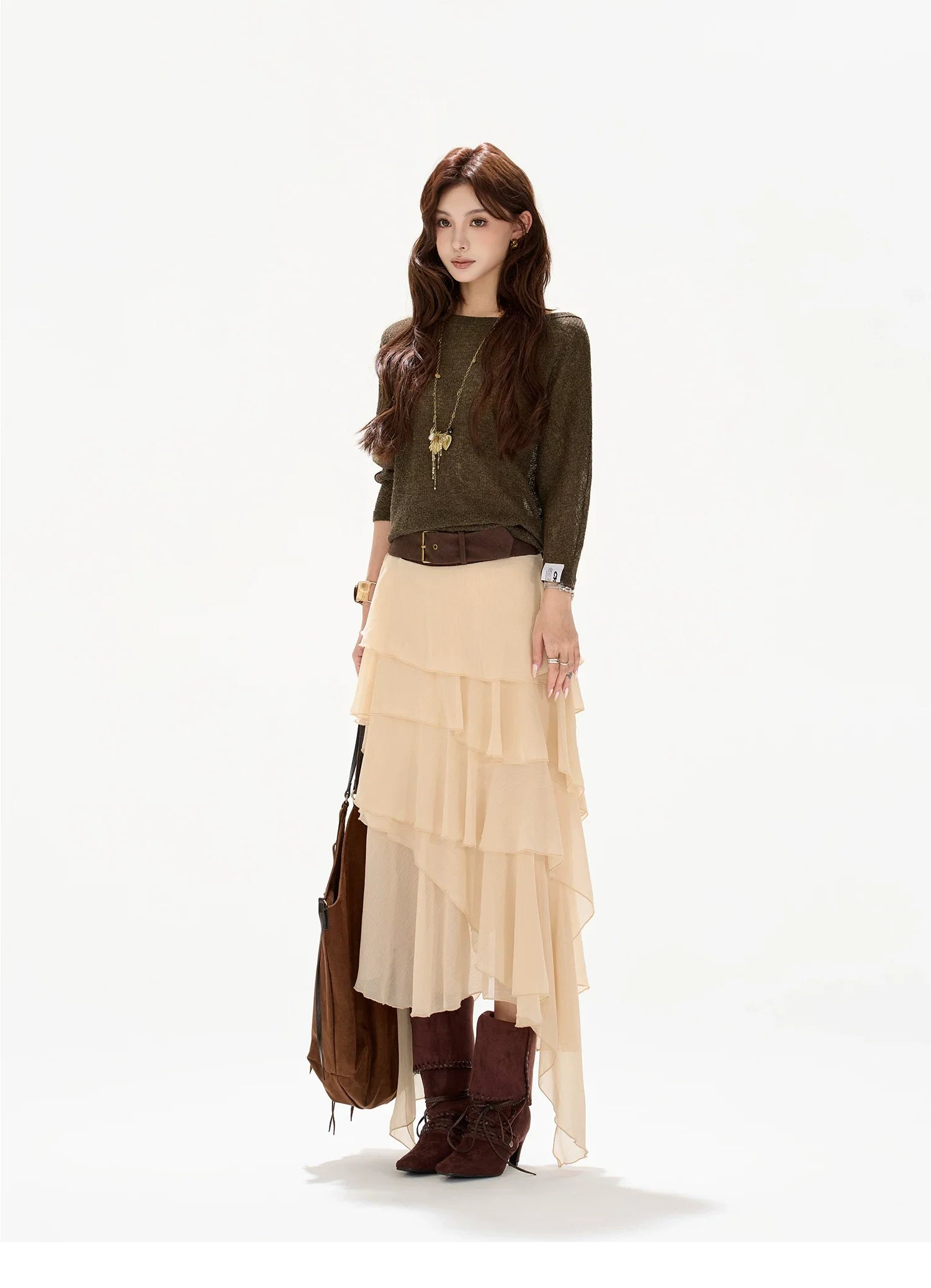 Faux-Belt Tiered Chiffon Maxi Skirt