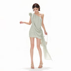 Asymmetric One-Shoulder Floral Chiffon Mini Dress with Draped Ties
