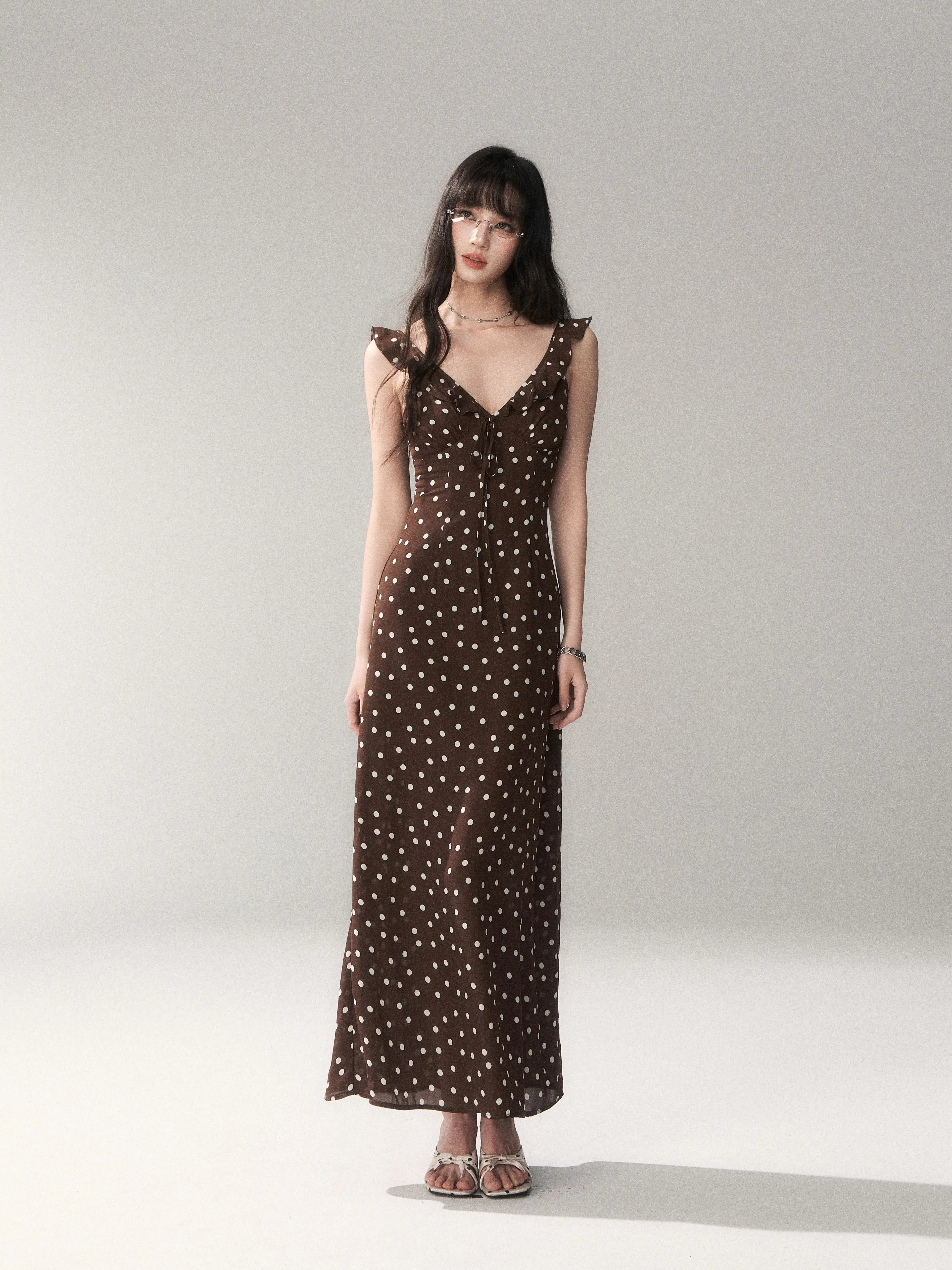 Chocolate Polka Dot French Slim-Fit Slip Maxi Dress