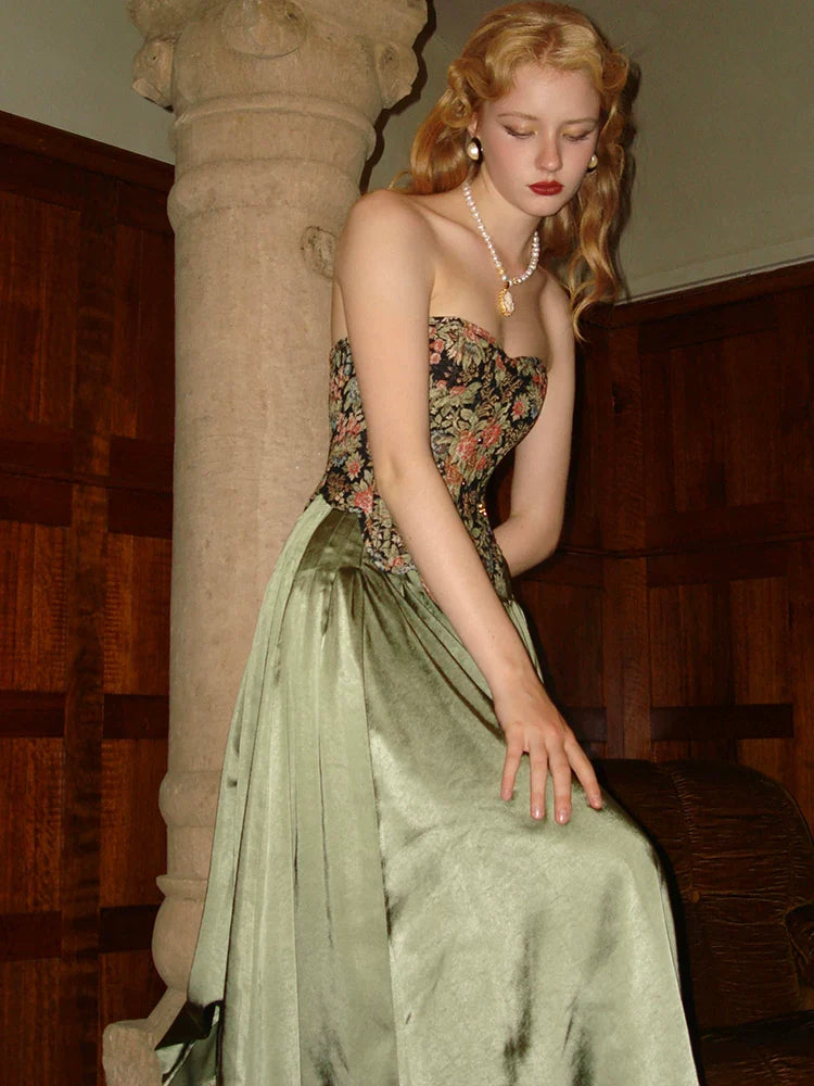 Jacquard Corset Top & Vintage Satin Skirt Set