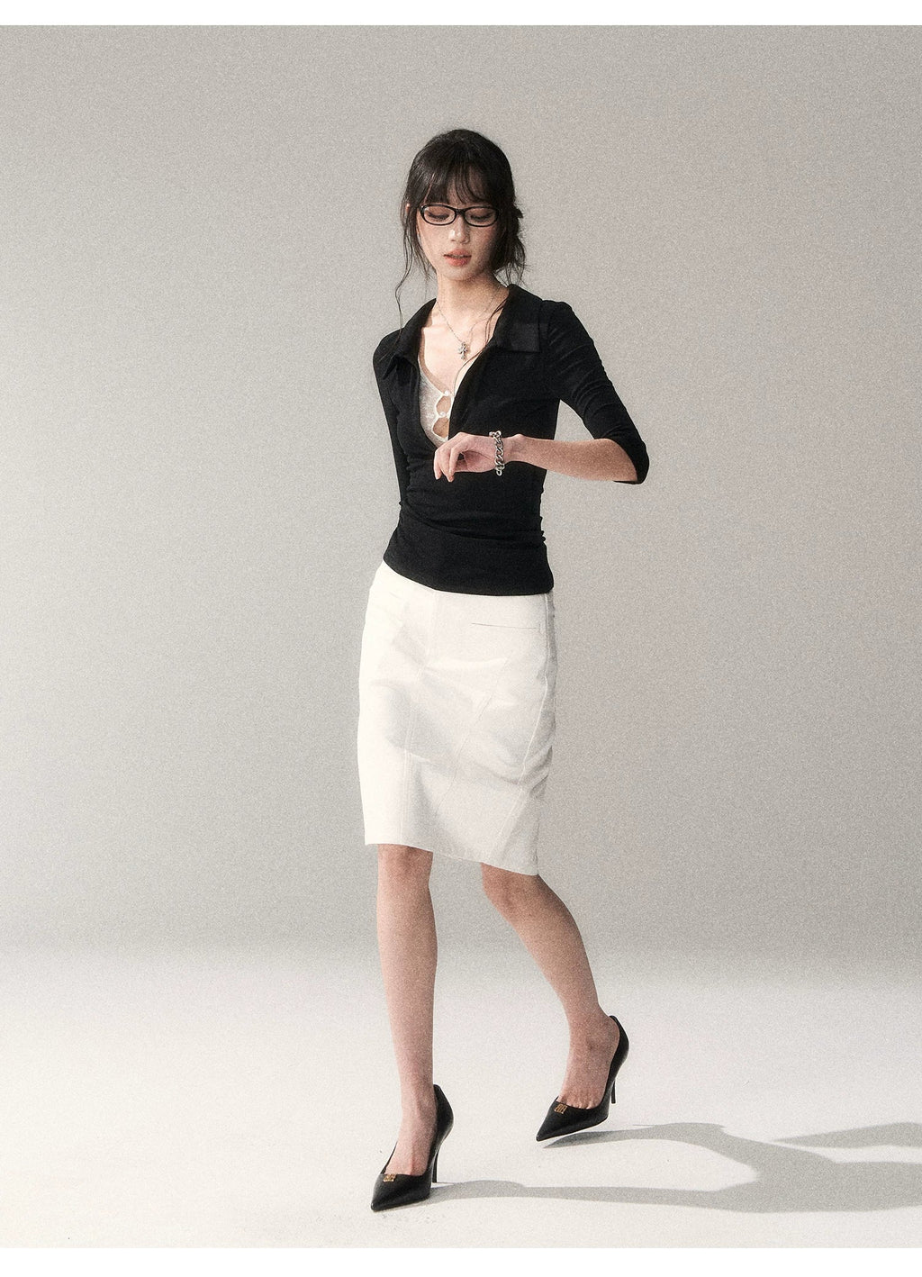 Black Lace Panel Faux-Layer Fitted Top