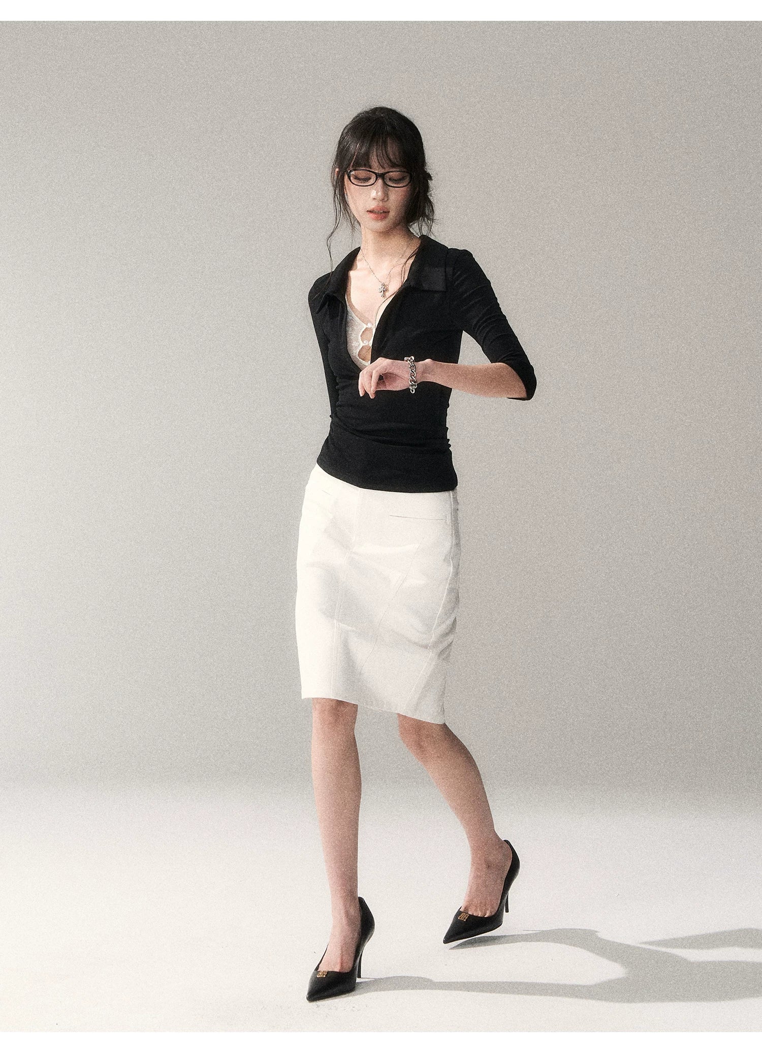 Black Lace Panel Faux-Layer Fitted Top