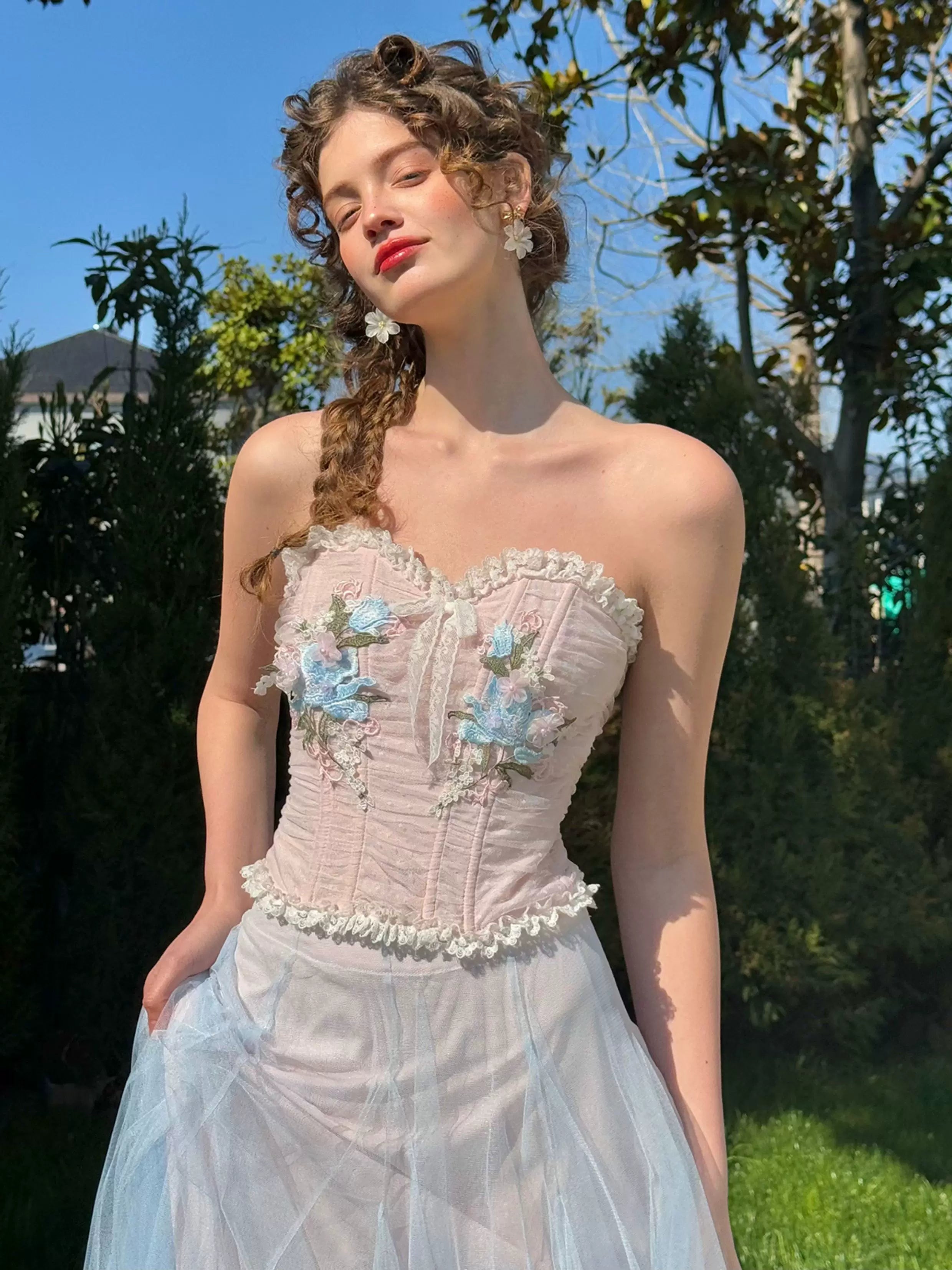 Blue Lily Strapless Corset Top & Mesh Skirt Set