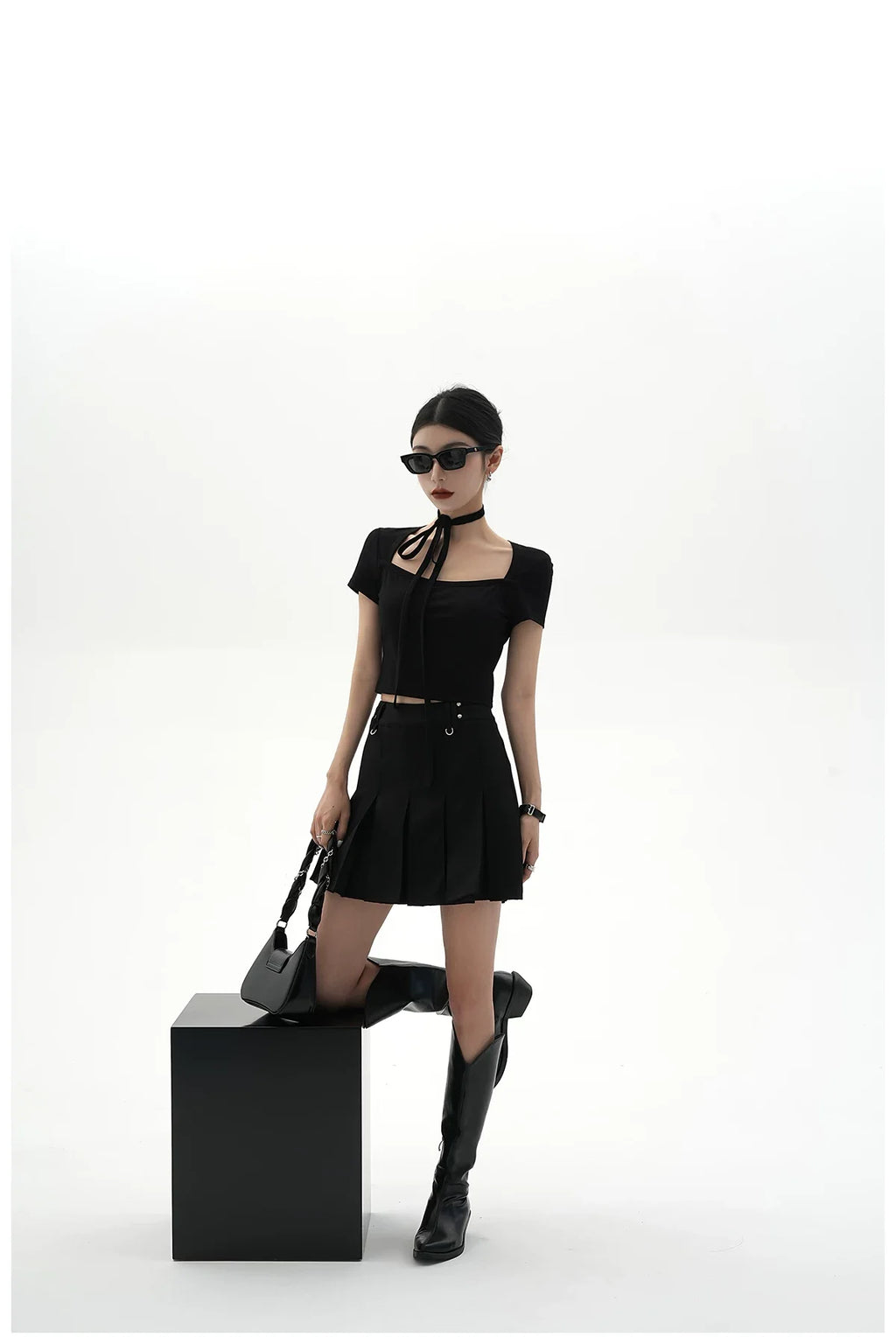 Tie-Detail Square-Neck Cropped T-Shirt