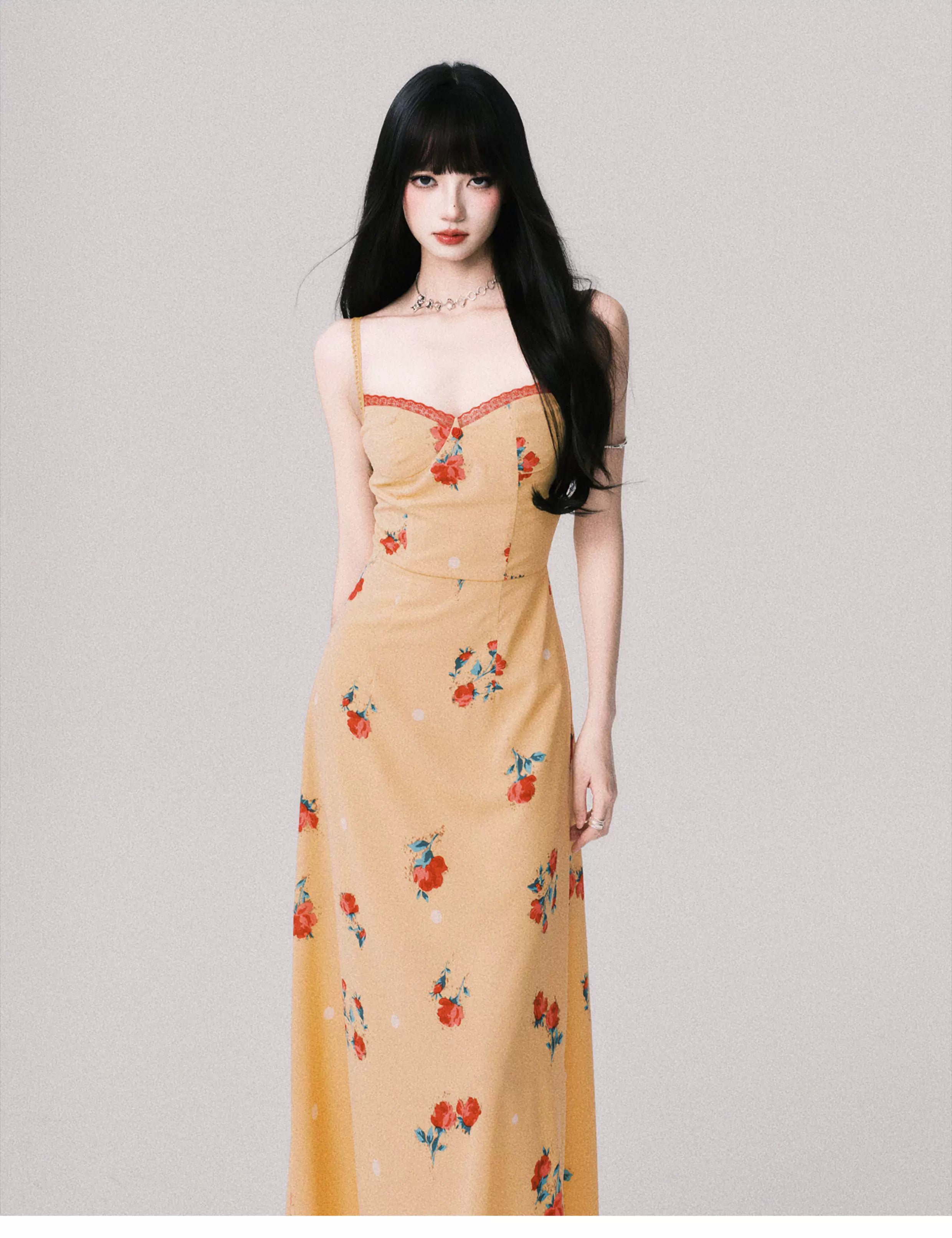 French V-Neck Floral Slip Maxi Dress