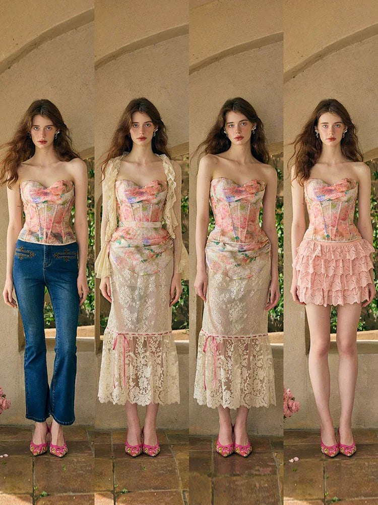 Romantic Oil-Paint Lace Corset Top & Skirt Set