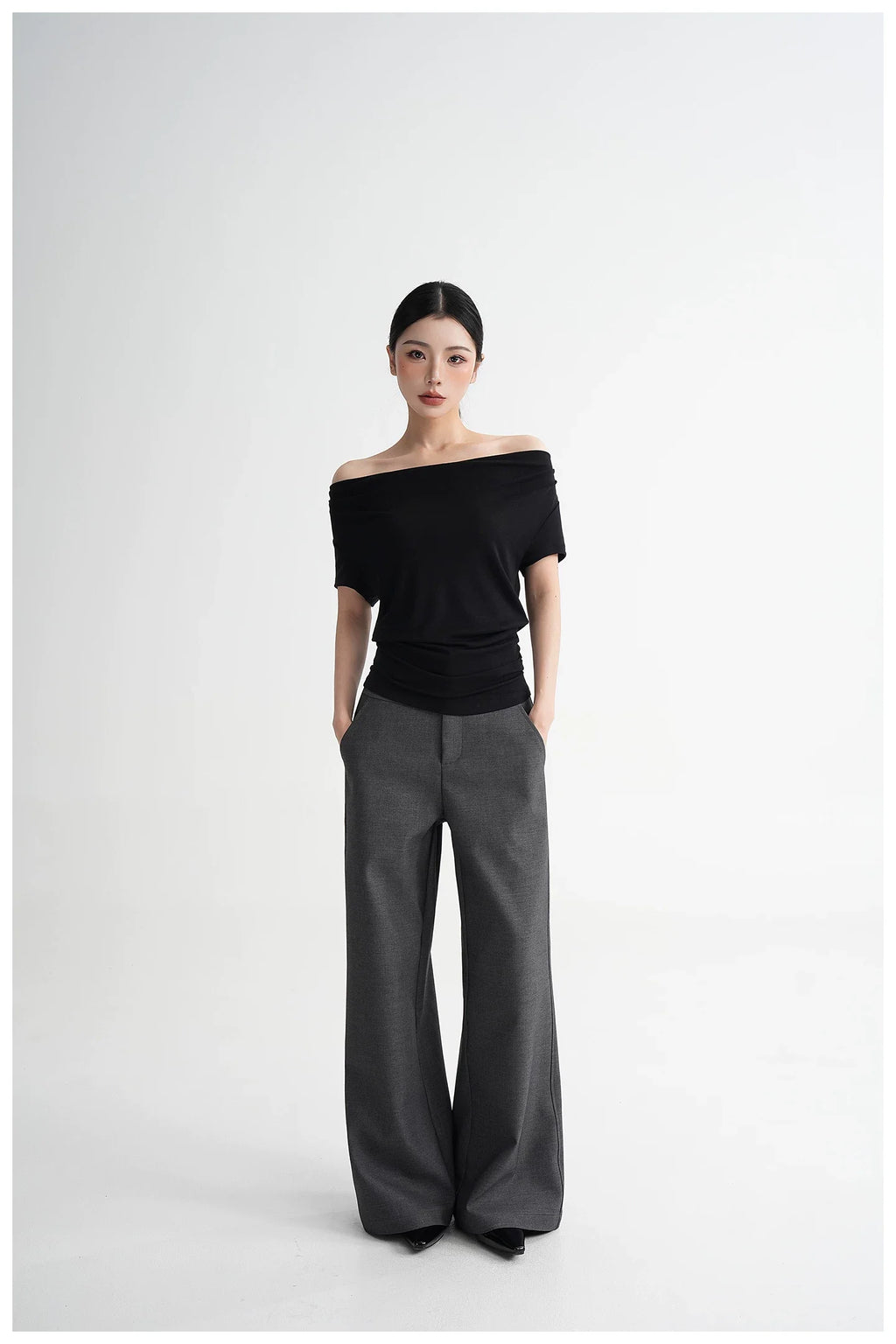 Draped Off-Shoulder Fitted Short Sleeve T-Shirt