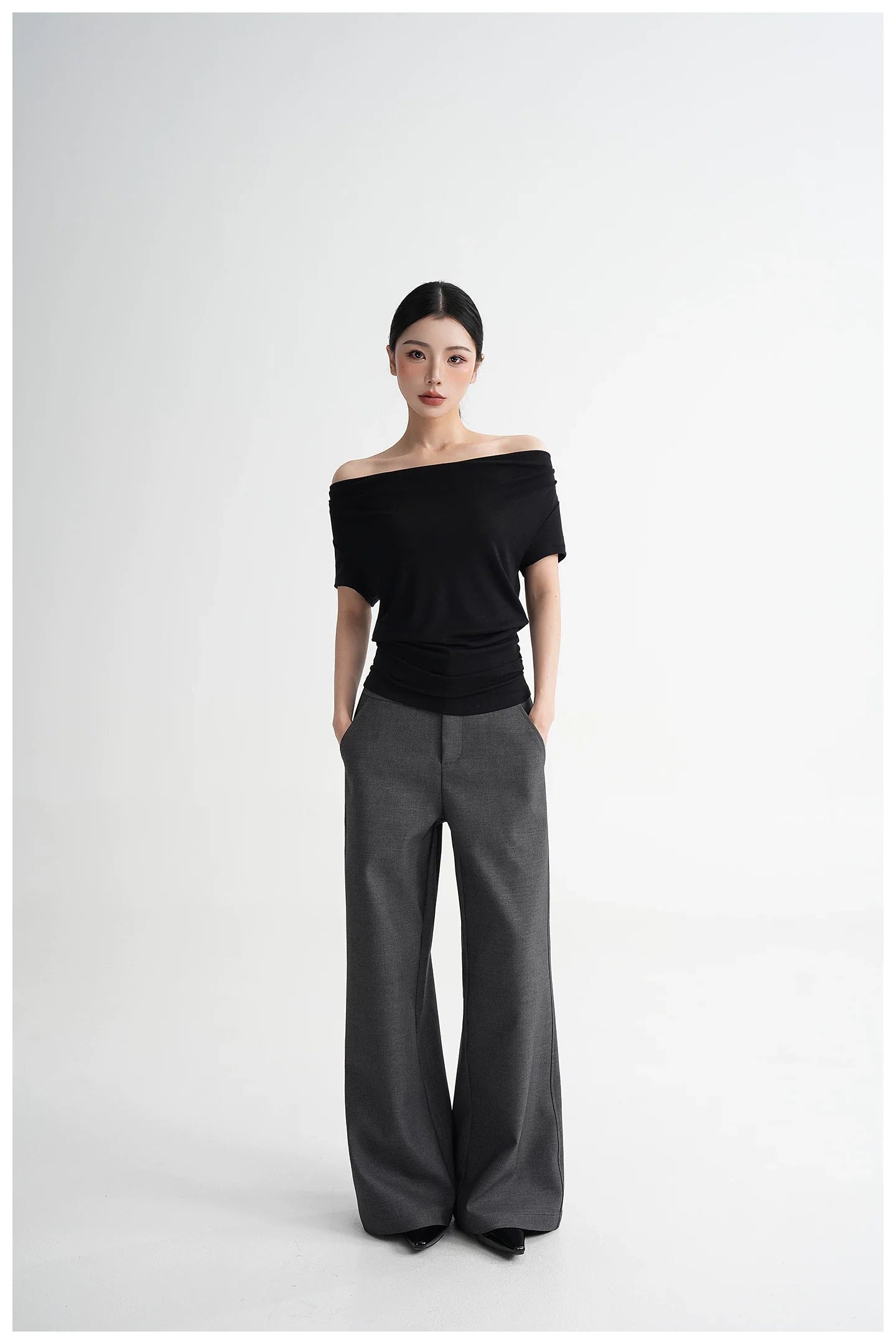 Draped Off-Shoulder Fitted Short Sleeve T-Shirt