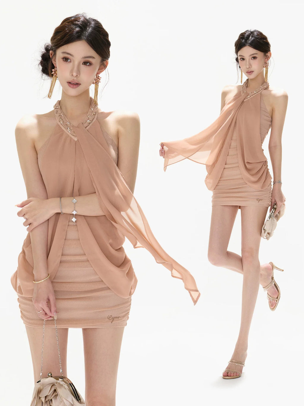 Vintage Heiress Halterneck Mesh Chiffon Ruched Bodycon Mini Dress