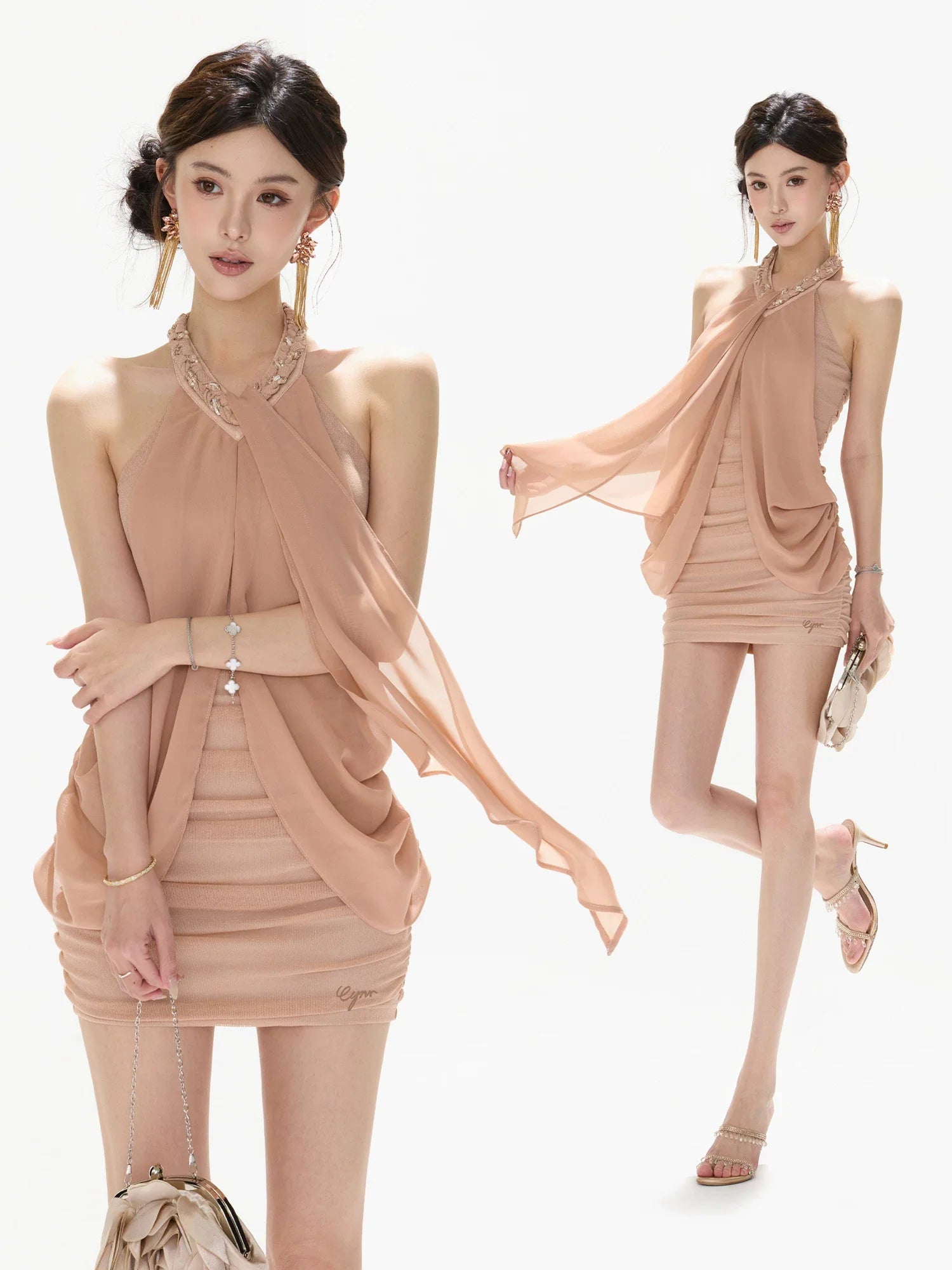 Vintage Heiress Halterneck Mesh Chiffon Ruched Bodycon Mini Dress