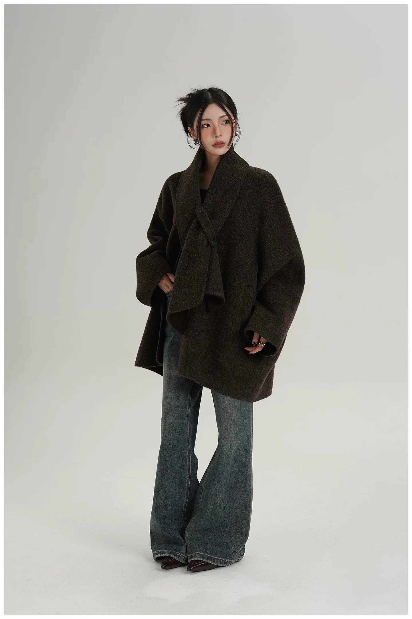 Scarf-Detail Mid-Length Wool Jacket