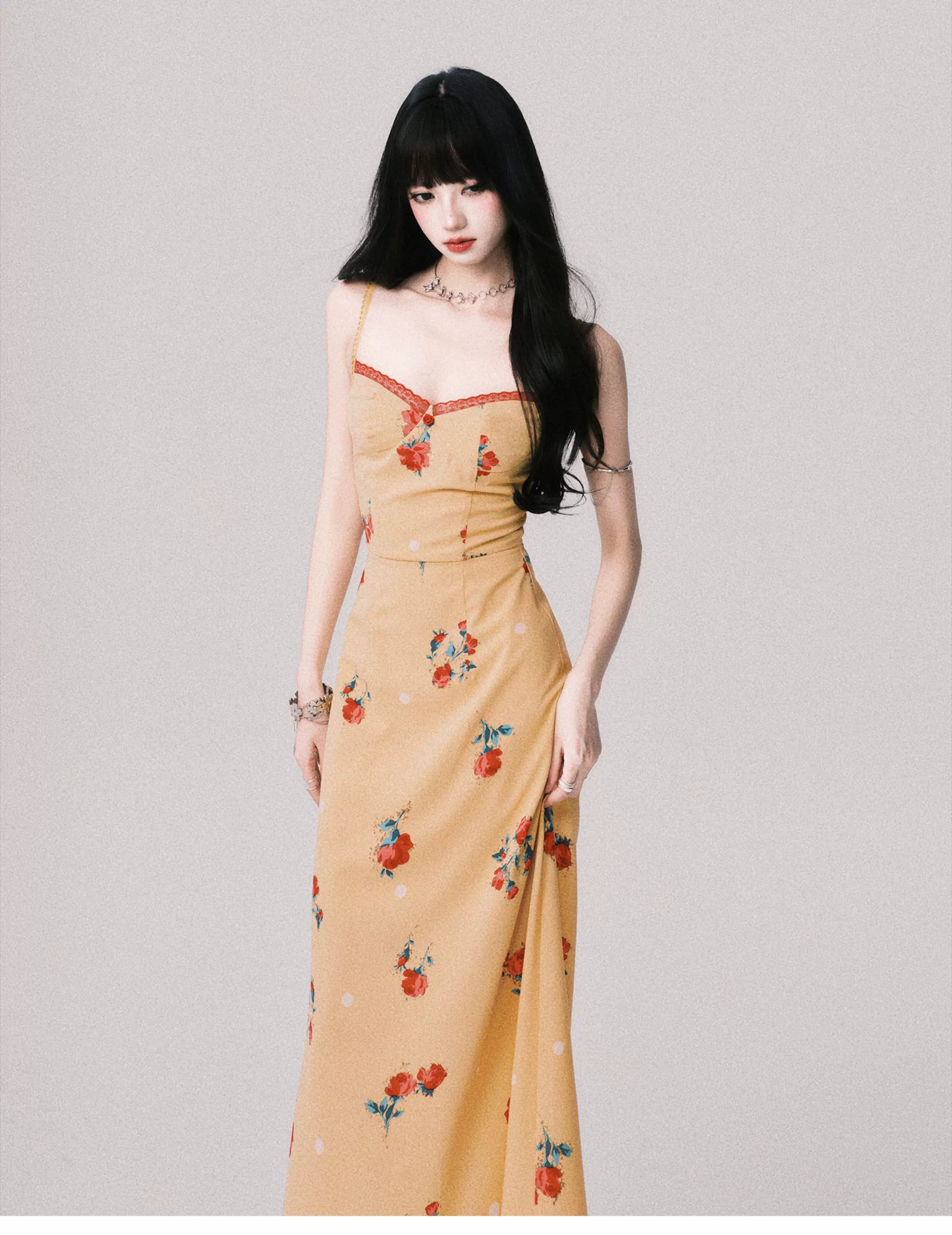 French V-Neck Floral Slip Maxi Dress