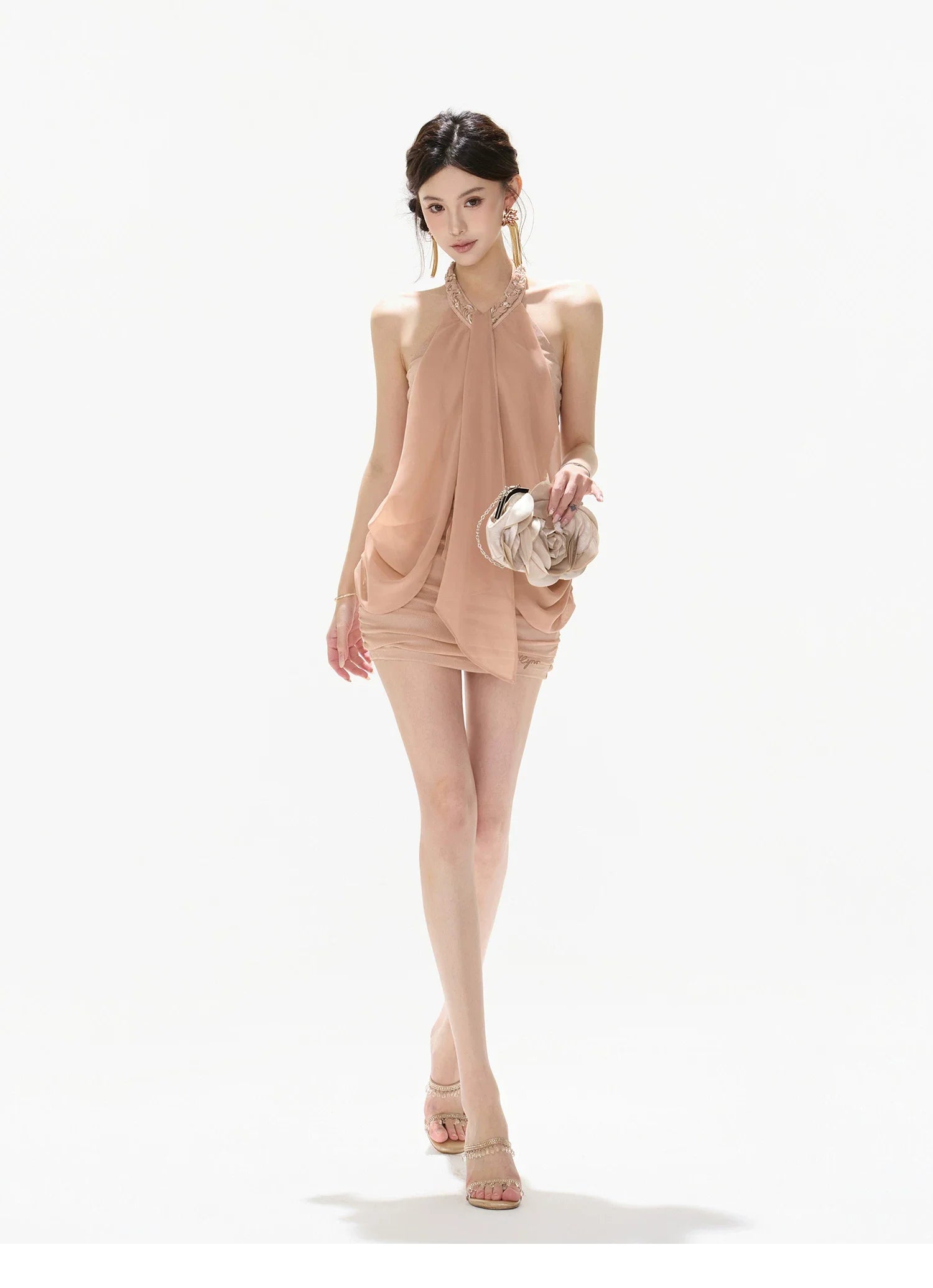 Vintage Heiress Halterneck Mesh Chiffon Ruched Bodycon Mini Dress