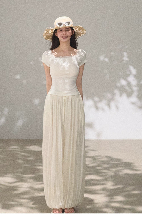 Bohemian Lace-Trim Off-Shoulder Fitted T-Shirt