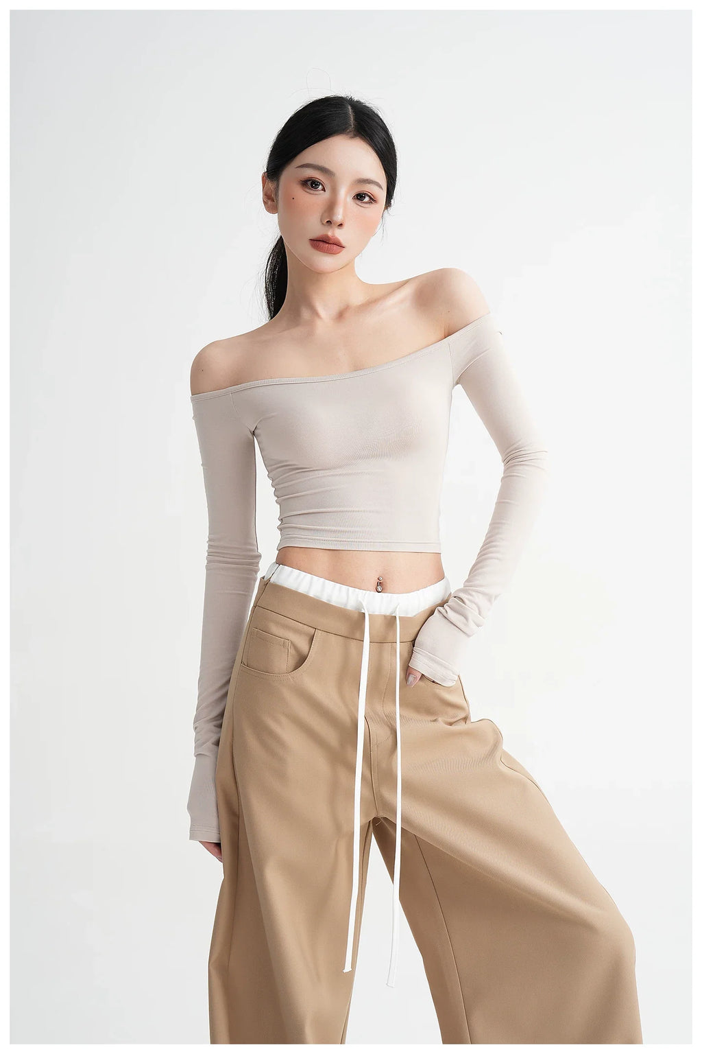 Off-Shoulder Cropped Fitted Long Sleeve T-Shirt