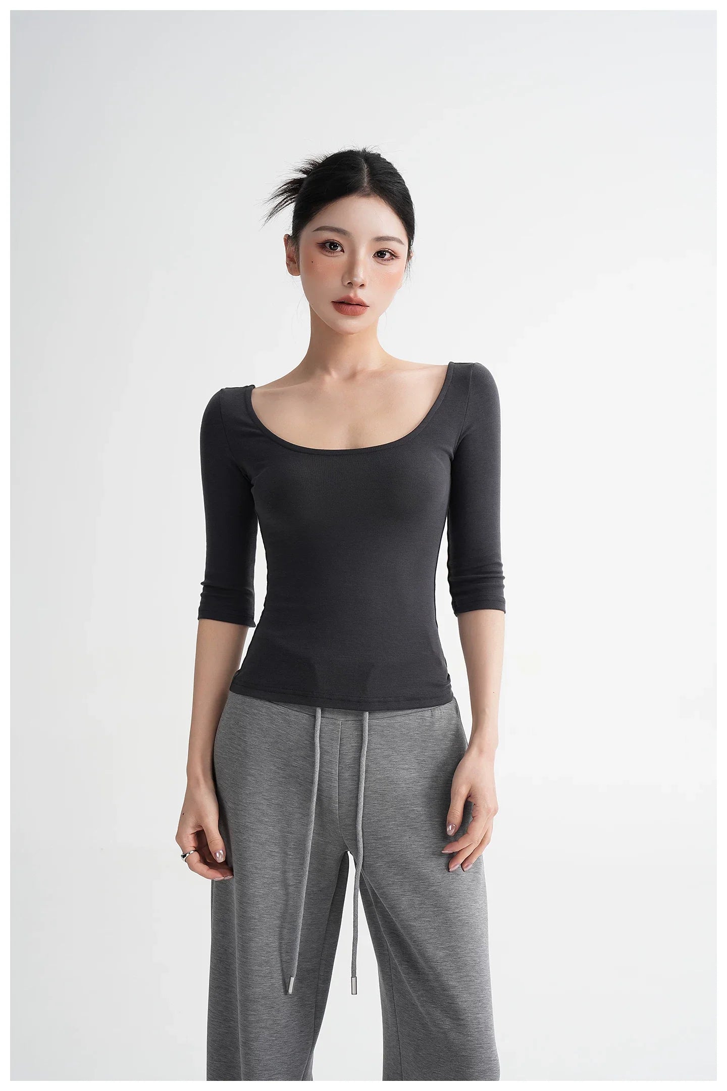 Lyocell Open-Back Fitted Mid-Sleeve T-Shirt