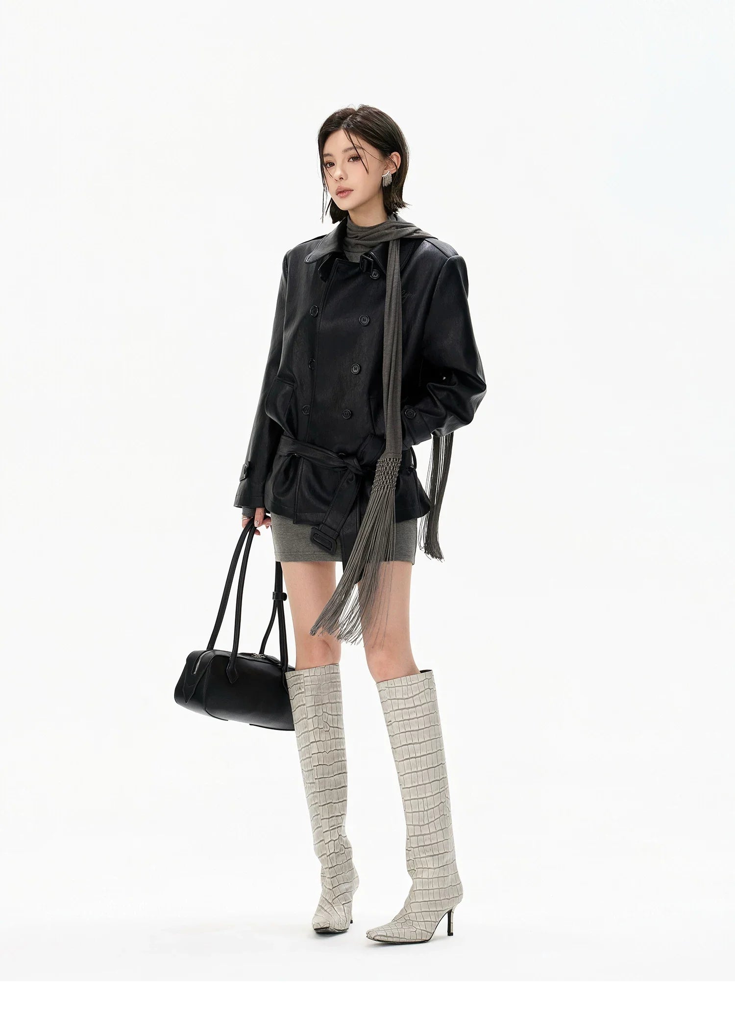 Minimalist Draped Turtleneck Knit Mini Dress with Tassel Ties