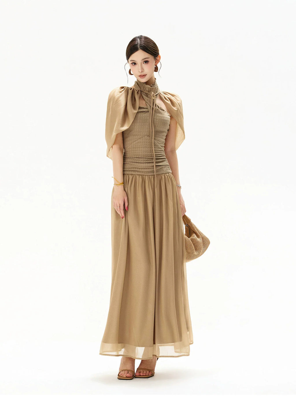 French Court Halter Draped Knit Maxi Dress