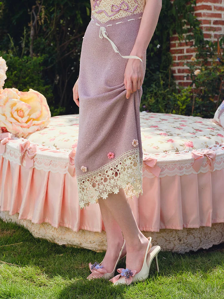 Vintage Crochet-Detail Purple Knit Slip Dress